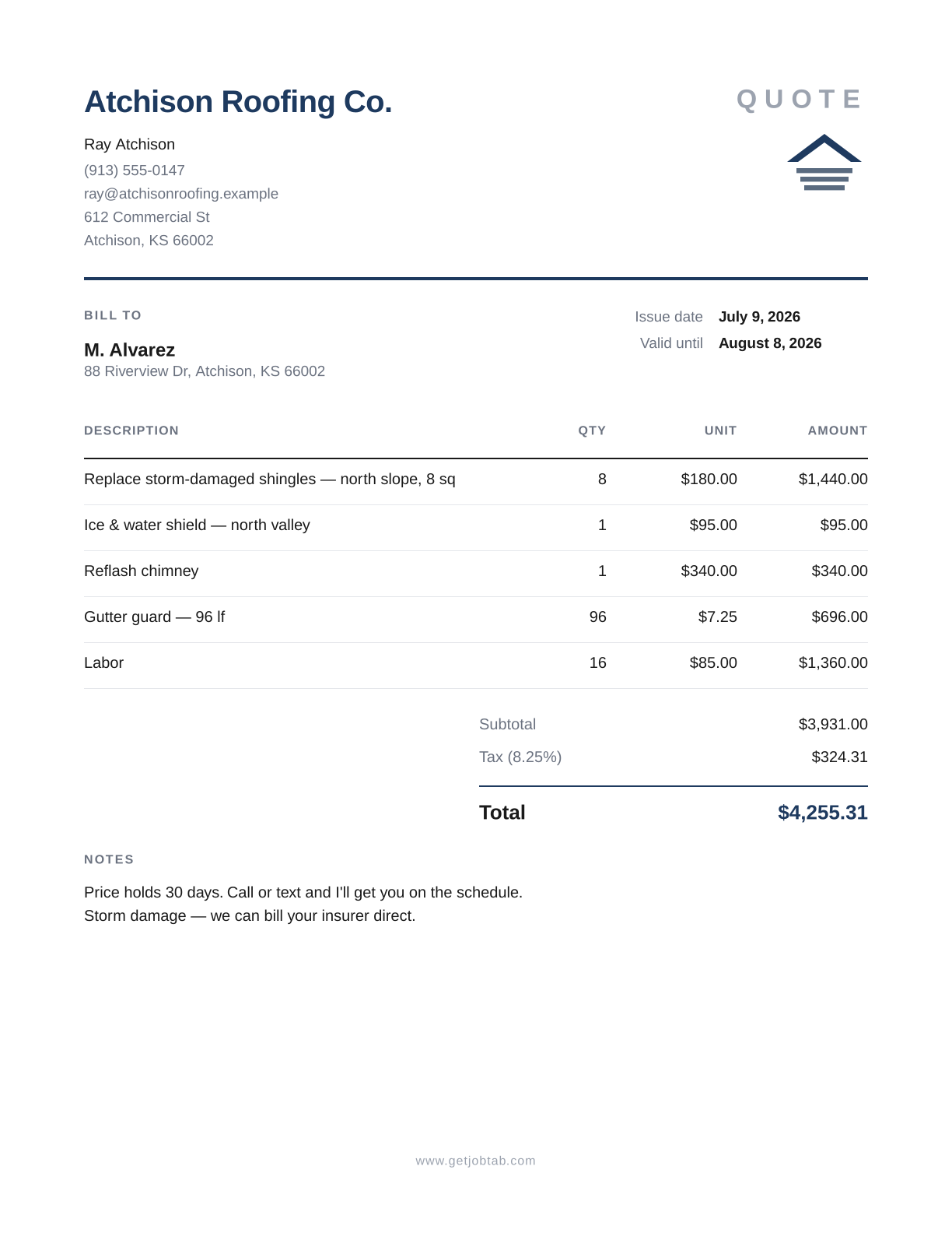A Jobtab quote: the same engine, the same look, with a valid-until date instead of an invoice number.